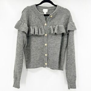 H&M Grey Ruffle Front Cardigan Sweater Women Size M Button Up Knit